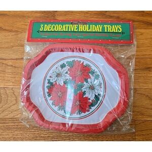 Vintage Ullman 3 Decorative Metal Holiday Christmas Trays Decorative Poinsettia
